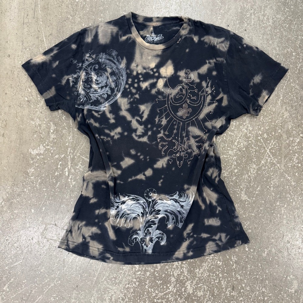 Shrine Graphic Tee Women XL Black Good Y2K Acid Wash Rhinestone Gothic Top